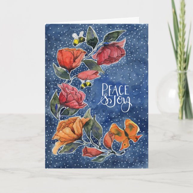 Cartão De Festividades Rambling Rosa Blue Peace and Joy Card (Frente)
