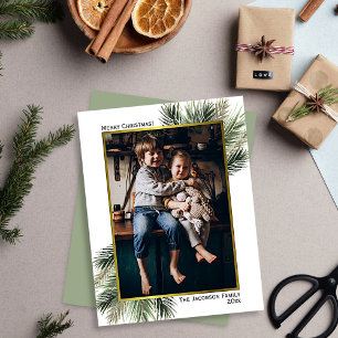 Cartão De Festividades Ramificações de Pine Simples e Dourado Quadro de