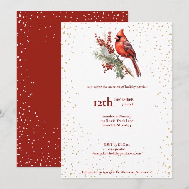 Cartão De Festividades Ramo de Azevinho Cardinal Vermelho de Inverno em A (Frente/Verso)