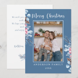 Cartão De Festividades Ramo de pinheiro aquarela família foto azul