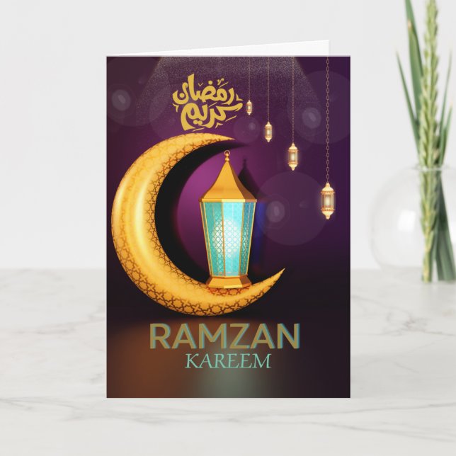 Cartão De Festividades Ramzan Kareem Lua Dourada Com Lanternas Roxo  (Frente)