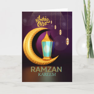 Cartão De Festividades Ramzan Kareem Lua Dourada Com Lanternas Roxo