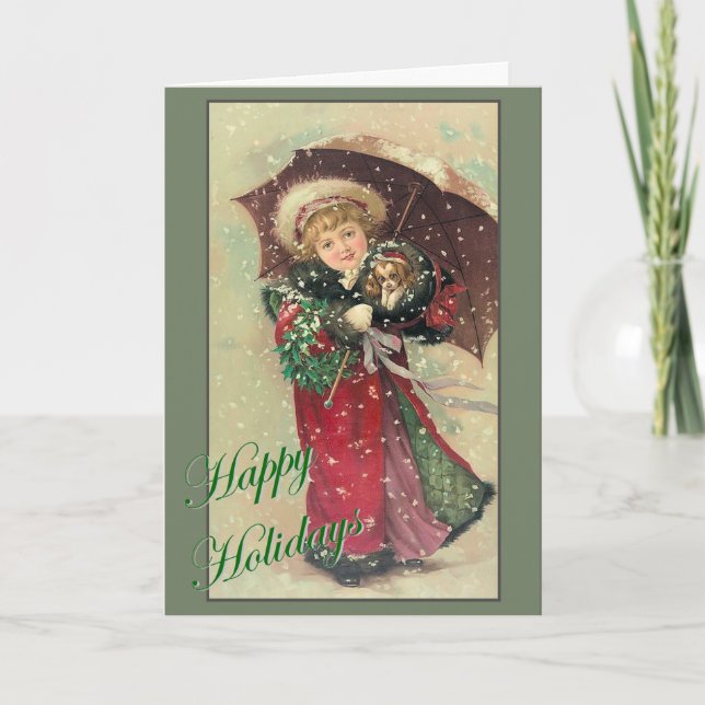 Cartão De Festividades Rapariga de Natal com Puppy (Frente)