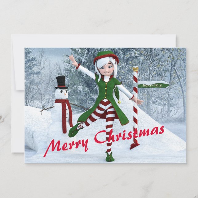 Cartão De Festividades Rapariga de Natal numa Floresta de inverno (Frente)