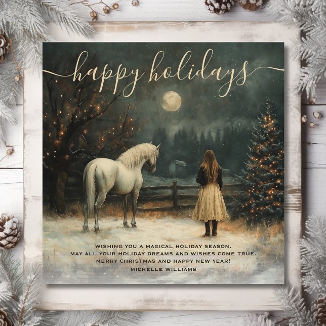 Cartão De Festividades Rapariga e Cavalo | Natal da Lua Cheia (Front - Girl and Horse  Full Moon Winter Christmas Holiday Card)