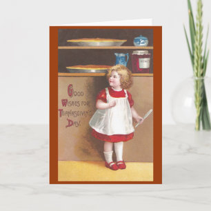 Cartão De Festividades Rapariga e Pumpkin Pies Vintage Ação de Graças