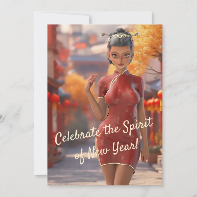 Cartão De Festividades Rapariga Exótica Celebrando Ano Novo Chinês (Frente)