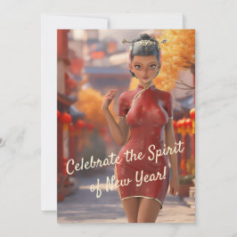 Cartão De Festividades Rapariga Exótica Celebrando Ano Novo Chinês