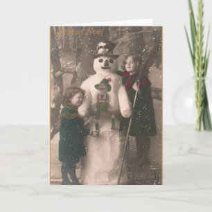 Cartão De Festividades Raparigas de Natal e Snowman Vintage Foto