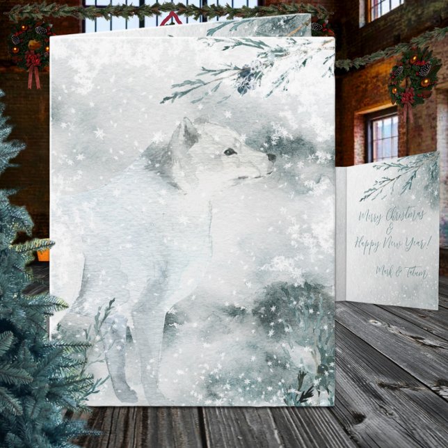 Cartão De Festividades Raposa Branca Do Ártico Snowy Winter Na Natureza (Snowy Winter White Arctic Fox In The Wild Christmas Holiday Wraparound Graphics Folded Card)