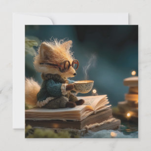 Cartão De Festividades Raposa Caprichosa Lendo Livro e Bebendo Chá