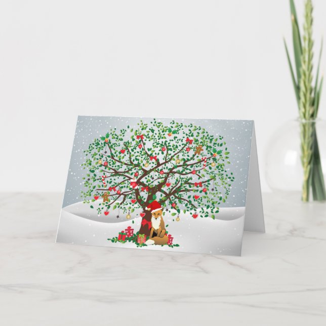 Cartão De Festividades Raposa e árvore de Natal (Frente)