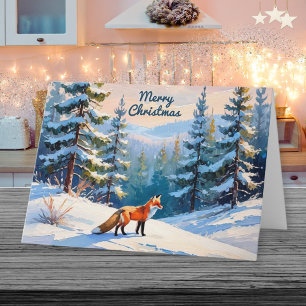 Cartão De Festividades Raposa Vermelha na Neve Paisagem de Inverno Feliz 