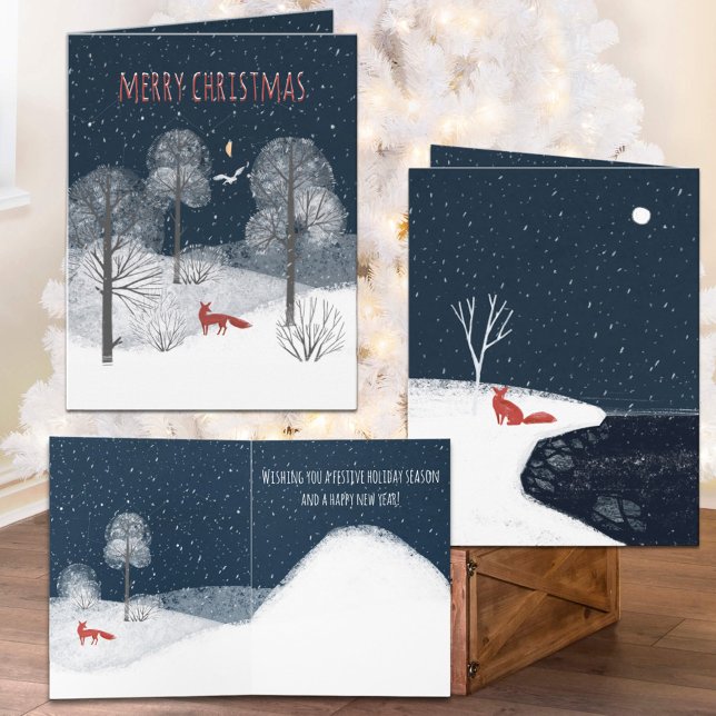 Cartão De Festividades Raposa Vermelha Noturna Nórdica No Campo (Nordic Winter Night Red Fox In The Countryside Christmas Holiday Wraparound Graphics Folded Card)