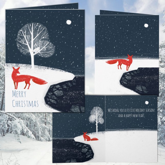Cartão De Festividades Raposa Vermelha Noturna Nórdica Nos Fjords (Nordic Winter Night Red Fox In The Fjords Holiday Christmas Folded Wraparound Graphics Card)