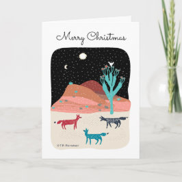 Cartão De Festividades Raposas no deserto noturno com cacto, estrela e av