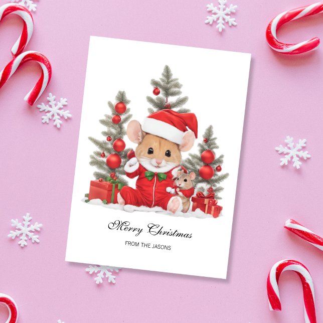 Cartão De Festividades Rato de Natal bonito com chapéu vermelho personali (Cute Christmas Mouse with Red Santa Hat Holiday Card)