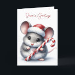 Cartão De Festividades Rato De Natal Com Caneta De Doces<br><div class="desc">Um rato fofo veste um chapéu de Papai Noel e segura uma grande cana-de-açúcar listrada</div>