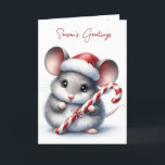 Cartão De Festividades Rato De Natal Com Caneta De Doces<br><div class="desc">Um rato fofo veste um chapéu de Papai Noel e segura uma grande cana-de-açúcar listrada</div>