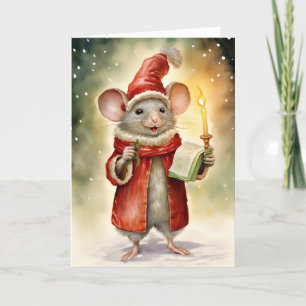 Cartão De Festividades Rato de Natal com Cores de Água Bonitas