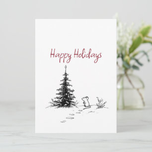 Cartão De Festividades Rato Fofo & Arte de Linha de Árvore Festivo Natal