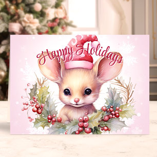 Cartão De Festividades Rato Fofo e Azevinho Feliz Natal