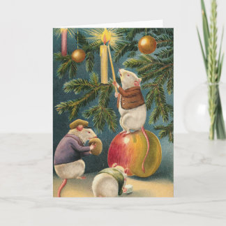 Cartão De Festividades Ratos do vintage que iluminam a árvore de Natal