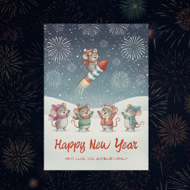 Cartão De Festividades Ratos Fofos Fogos de Artifício de Ano Novo Feliz