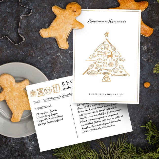 Cartão De Festividades Receita da Dourada e da Família Branca da Árvore B (Christmas Baking Tree Gold & White Family Recipe Holiday Card)