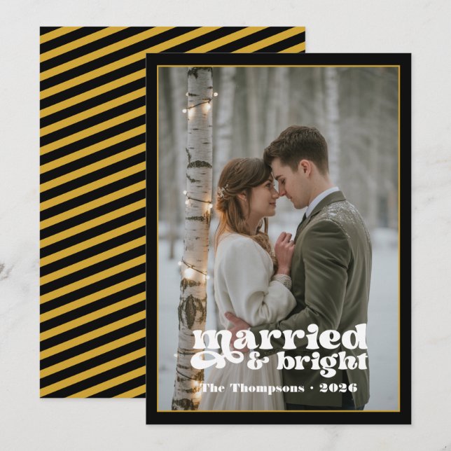 Cartão De Festividades Recém-Casados Natal Preto & Dourado (Frente/Verso)