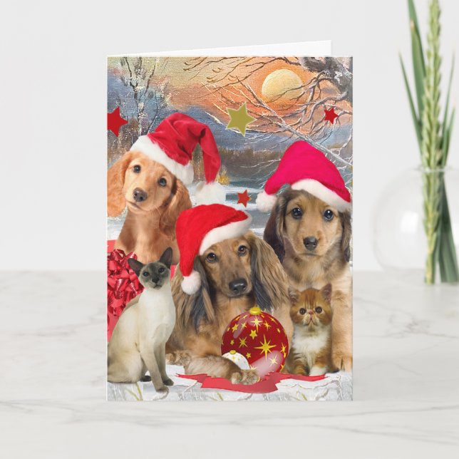 Cartão De Festividades Recolhimento do Dachshund & do Natal dos amigos (Frente)