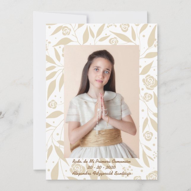 Cartão De Festividades Recuerdo de Mi Primera Comunión Hojas Doradas (Frente)