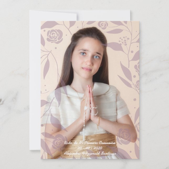 Cartão De Festividades Recuerdo de Mi Primera Comunión Hojas Malvas (Frente)