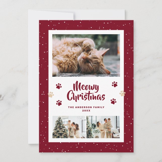 Cartão De Festividades Red 3 Photo Snow Paws Meowy Christmas Card (Frente)