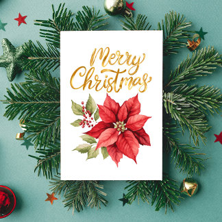Cartão De Festividades Red and Gold Simple Classic Poinsettia