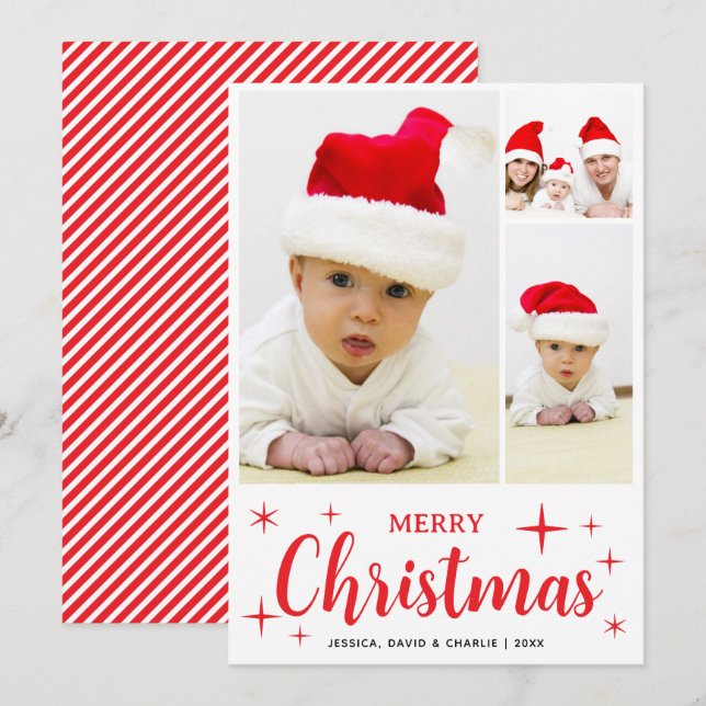 Cartão De Festividades Red and White Merry Christmas Family Photo Collage (Frente/Verso)