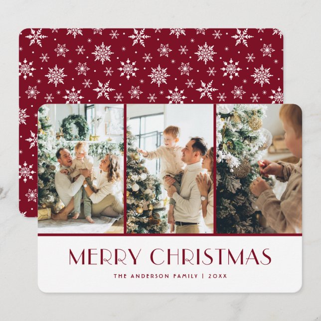 Cartão De Festividades Red and White Snowflakes Photo Christmas Card (Frente/Verso)