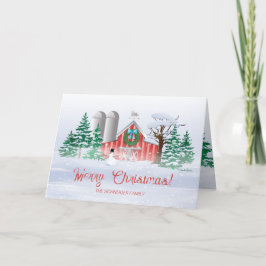 Cartão De Festividades Red Barn Christmas Wreath Snowman