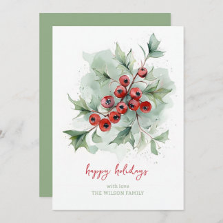 Cartão De Festividades Red Berries Botanical Watercolor Christmas