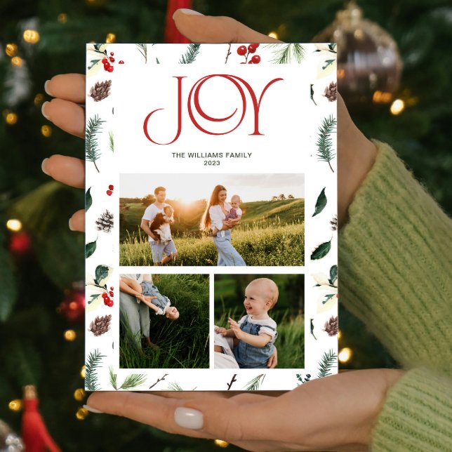 Cartão De Festividades Red Berry Botanical de Alegria Moderna 3 Foto Nata (Spread some cheer and share your favorite moments with this one-of-a-kind holiday card. )