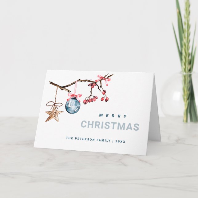 Cartão De Festividades Red Berry & Enfeites de natal Watercolor (Frente)