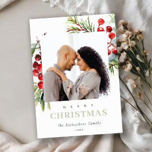 Cartão De Festividades Red Berry Fir Winter Christmas Watercolor Photo
