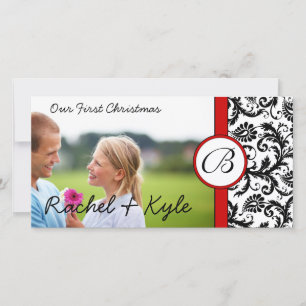 Cartão De Festividades Red & Black Damask Our First Christmas Your Photo