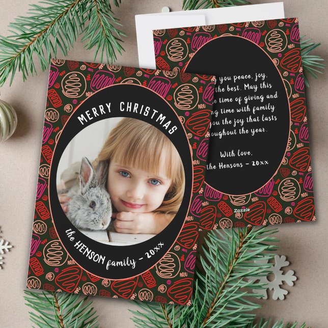 Cartão De Festividades Red Black One line art Christmas Family Photo (Criador carregado)