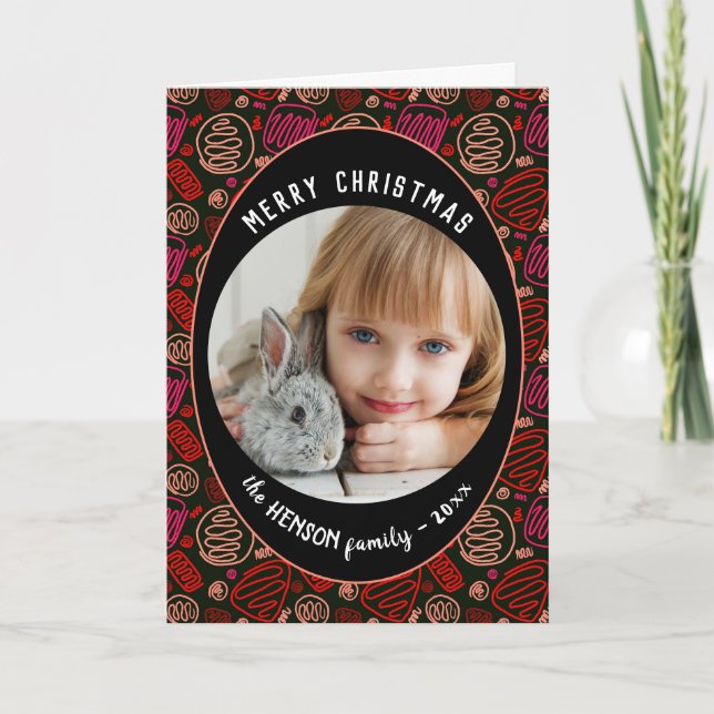 Cartão De Festividades Red Black One line art Christmas Family Photo Holi (Frente)