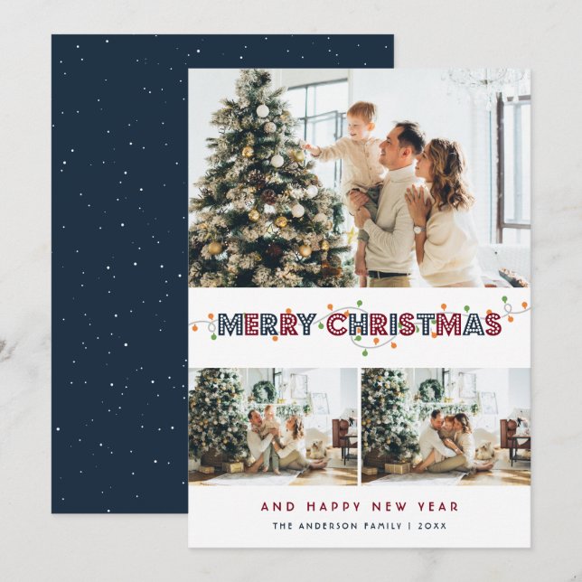 Cartão De Festividades Red Blue Christmas Lights 3 Photo Collage (Frente/Verso)