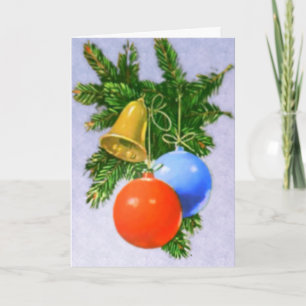 Cartão De Festividades Red, Blue Ornaments And Gold Bell Greetings Card