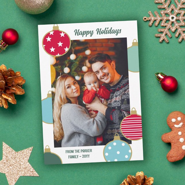 Cartão De Festividades Red Blue Teal Baubles Felizes Feriados (Criador carregado)