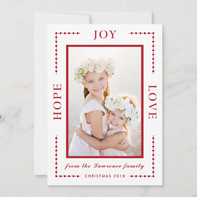 Cartão De Festividades Red Border Hope Joy Love Modern Christmas Photo (Frente)