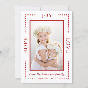 Cartão De Festividades Red Border Hope Joy Love Modern Christmas Photo